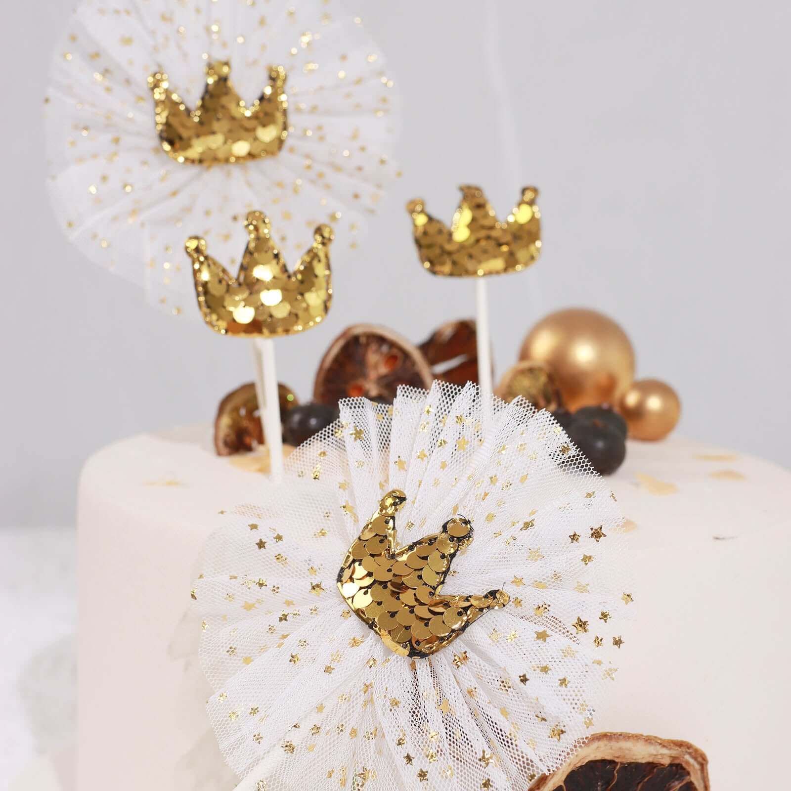 9-Pack Sequin Crown and Tutu Cupcake Cake Toppers Gold - Shimmering Princess Inspired Cake Inserts DIY Party Decoration Supplies