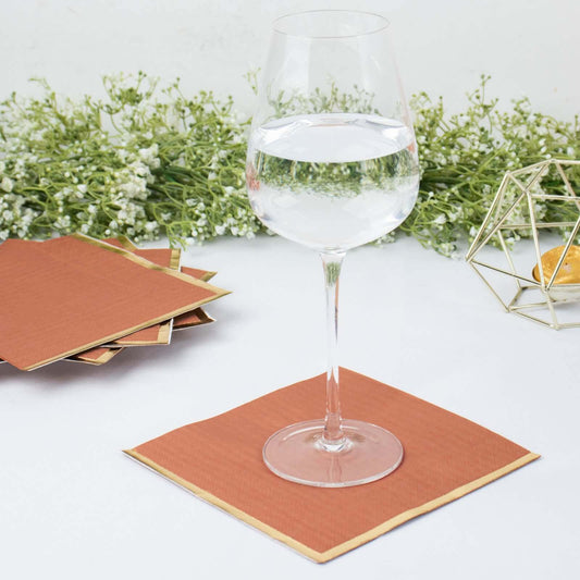 50-Pack Paper Beverage Napkins with Gold Foil Edge Terracotta (Rust) - Disposable 2 Ply Cocktail Napkins for Events 6.5"x6.5"