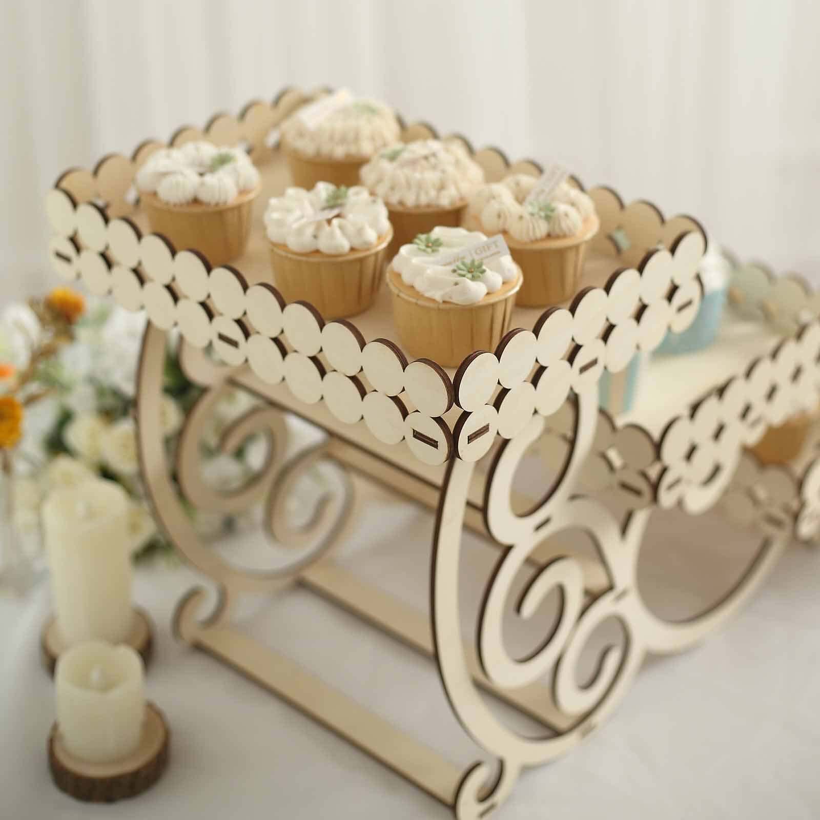 3-Tier Wooden Dessert Display Rectangular Laser Cutout Design Natural - Serving Platter Cupcake Mini Cake Tray 22"