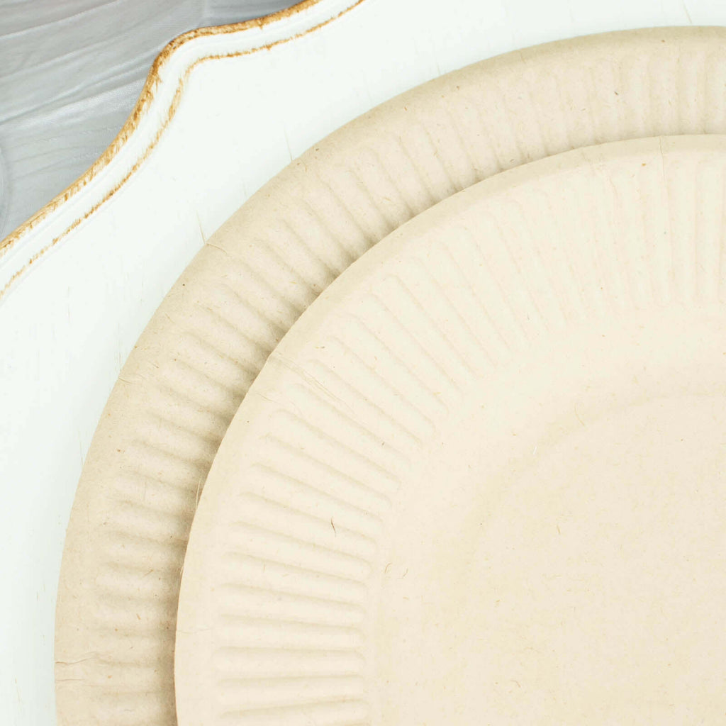 50-Pack Bagasse 8" Round Dessert Plates in Natural with Ribbed Rim
