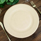 50-Pack Bagasse 10" Round Dinner Plates in Natural with Ribbed Rim - Eco Friendly Biodegradable Sugarcane Party Plates for Events