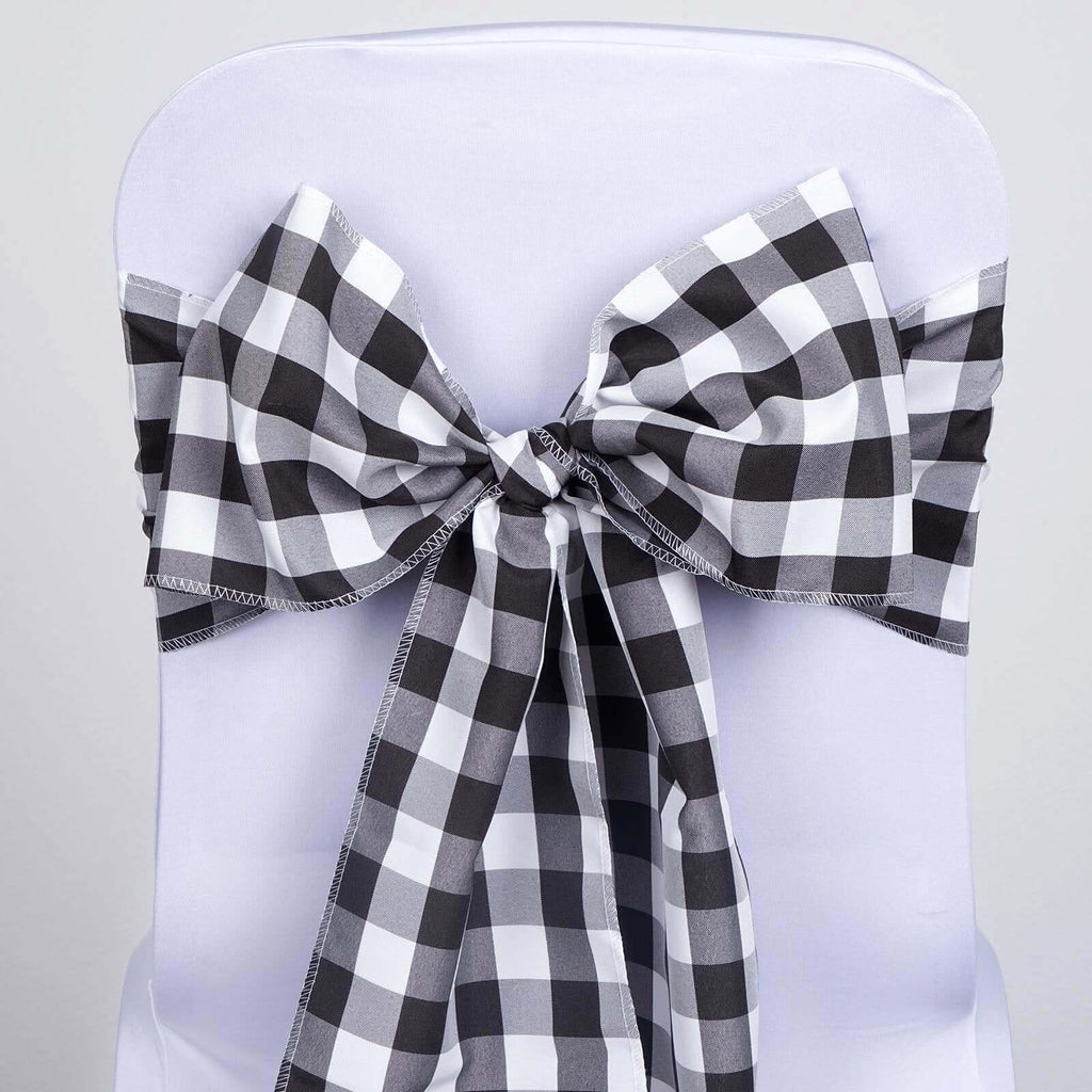 5 Pack Polyester Chair Sashes Black/White Buffalo Plaid - Durable & Reusable Chair Bows for Rustic Farmhouse Party Decor 6"x108"