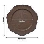 6-Pack Acrylic Round Charger Plates 13" in Rustic Brown with Wood Grain Scalloped Rim, Decorative Dinner Party Charger Tableware