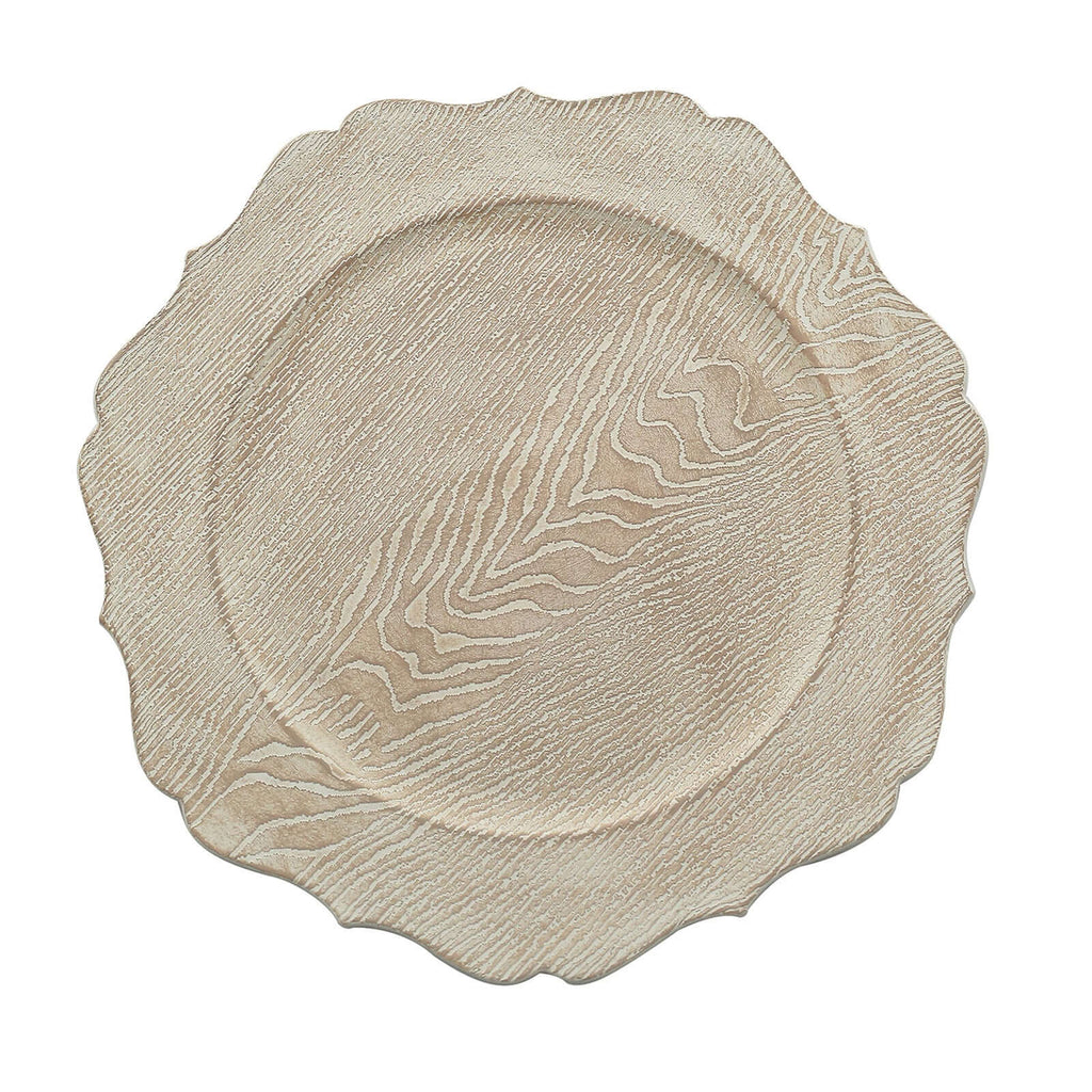6-Pack Acrylic Round Charger Plates 13" in Rustic White with Wood Grain Scalloped Rim, Decorative Dinner Party Charger Tableware