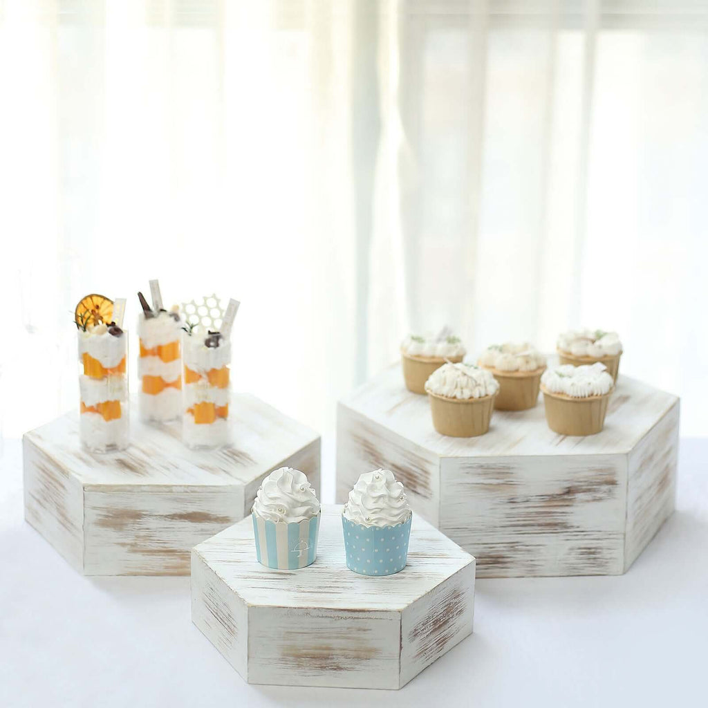 Set of 3 Wooden Dessert Display Boxes Whitewashed Hexagonal Design - Stackable Riser Cake Stand 9", 11", 13"