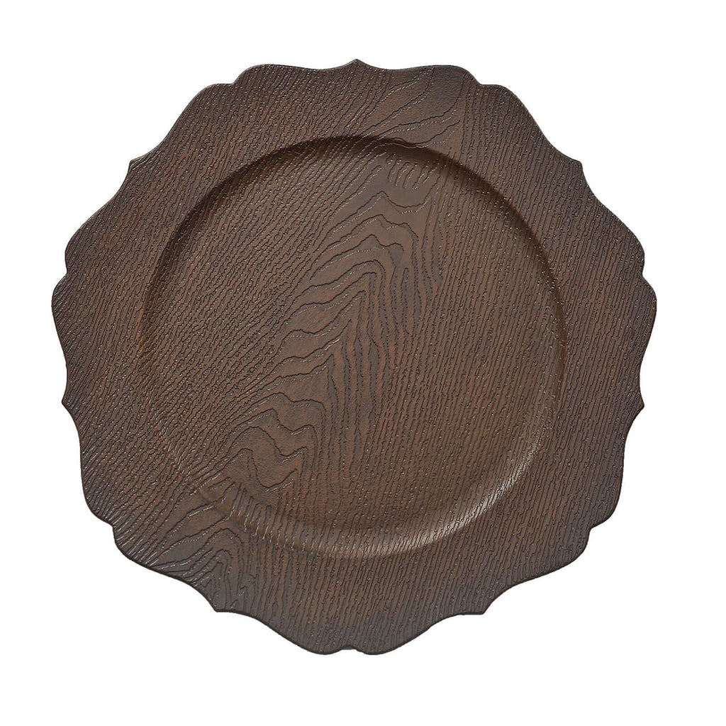 6-Pack Acrylic Round Charger Plates 13" in Rustic Brown with Wood Grain Scalloped Rim, Decorative Dinner Party Charger Tableware