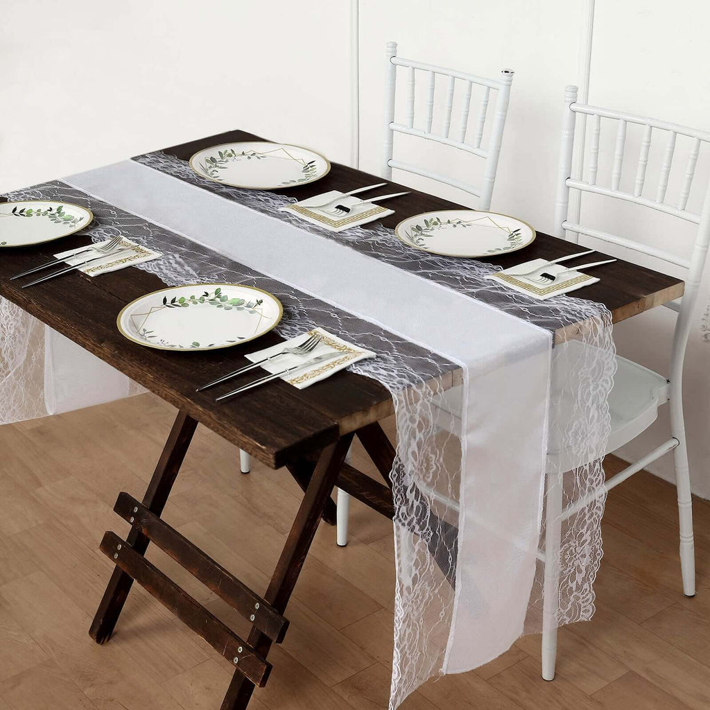 Faux Burlap Jute 16"x108" Table Runner White With Lace Edging - Rustic Farmhouse Table Linen