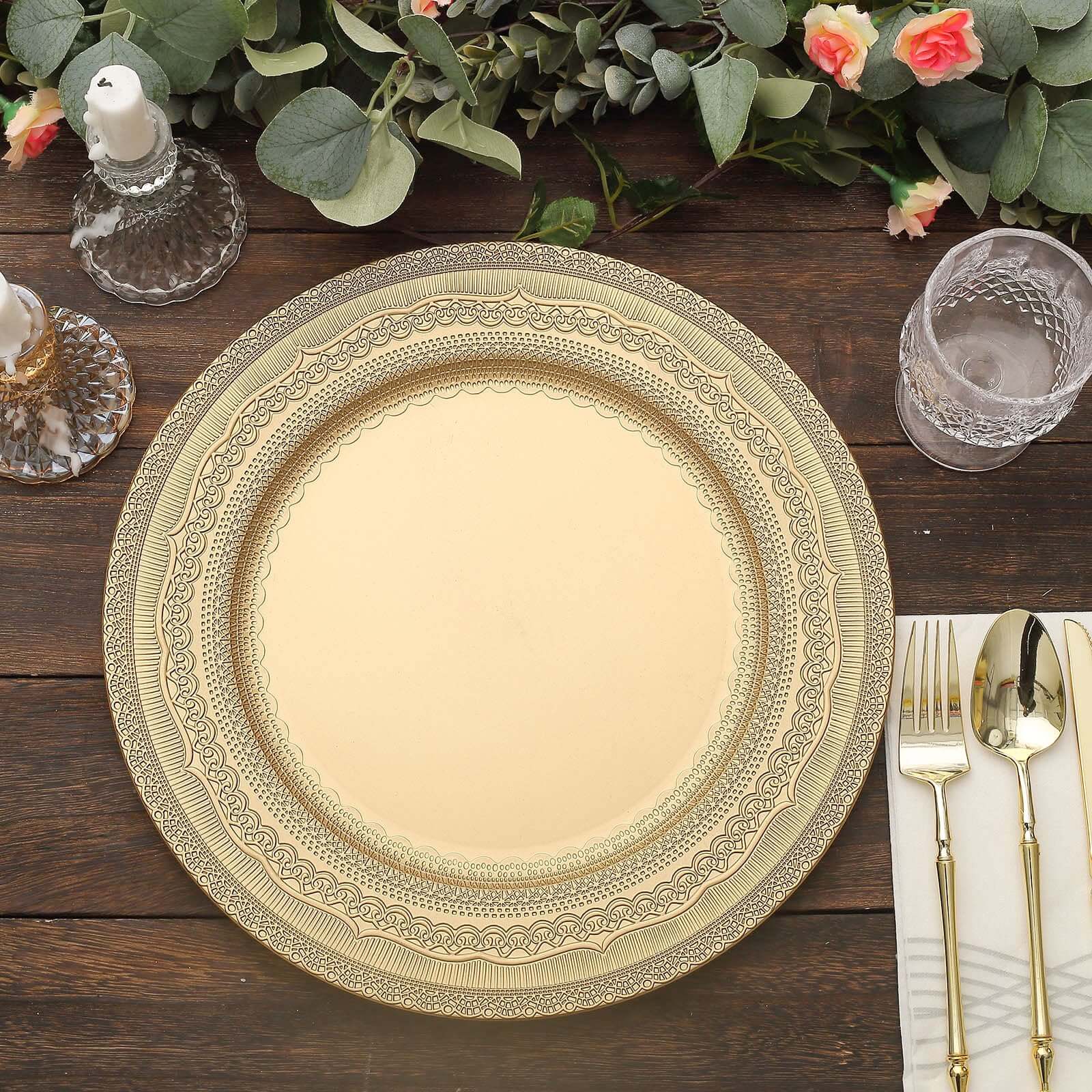 6-Pack Acrylic Round Charger Plates 13" in Gold with Lace Embossed Rim, Rustic Plastic Decorative Charger Tableware