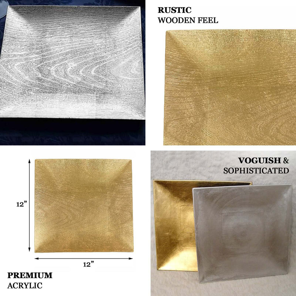 6-Pack Acrylic Square Charger Plates 12" in Gold with Embossed Wood Grain, Boho Chic Dinner Party Decor Charger Tableware