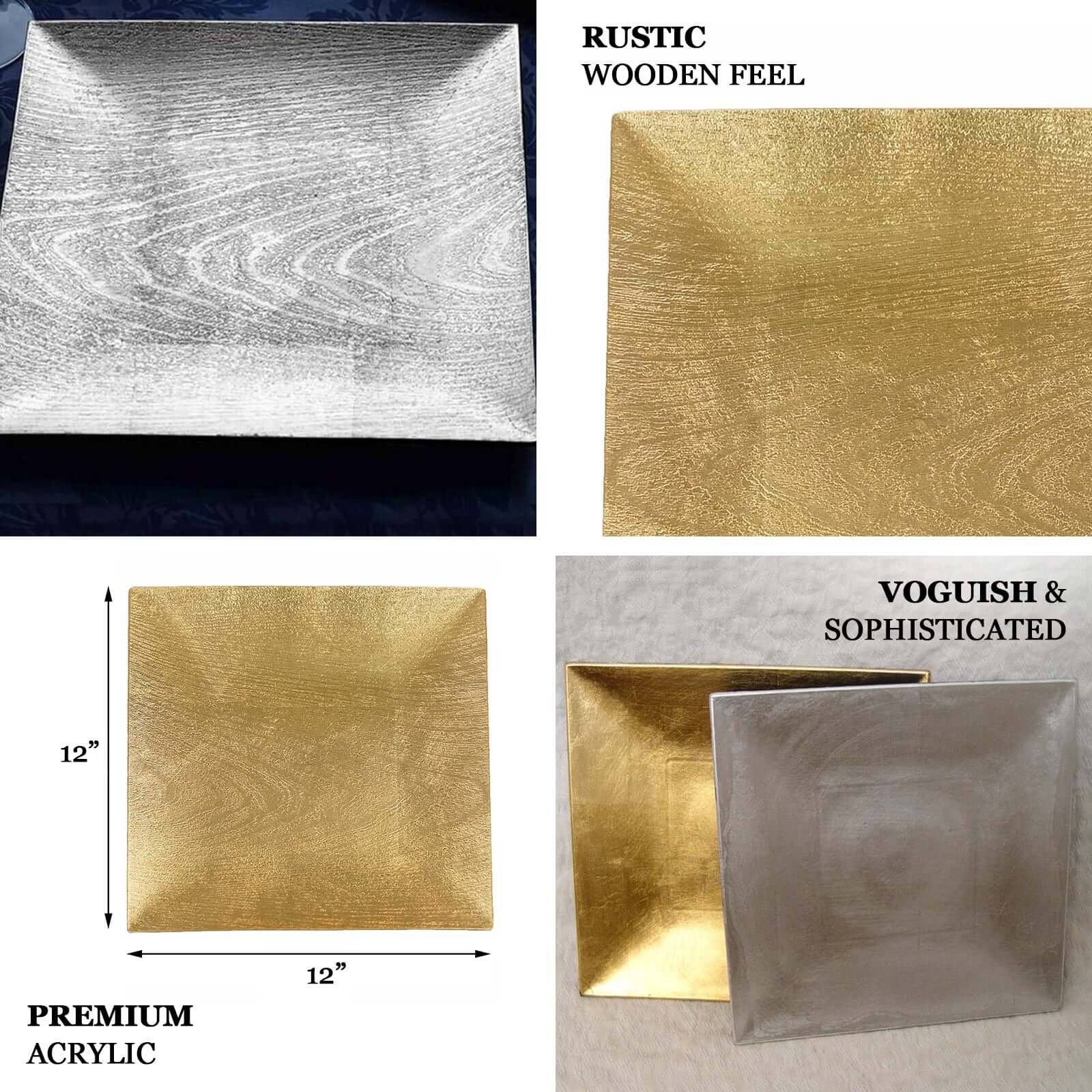 6-Pack Acrylic Square Charger Plates 12" in Gold with Embossed Wood Grain, Boho Chic Dinner Party Decor Charger Tableware