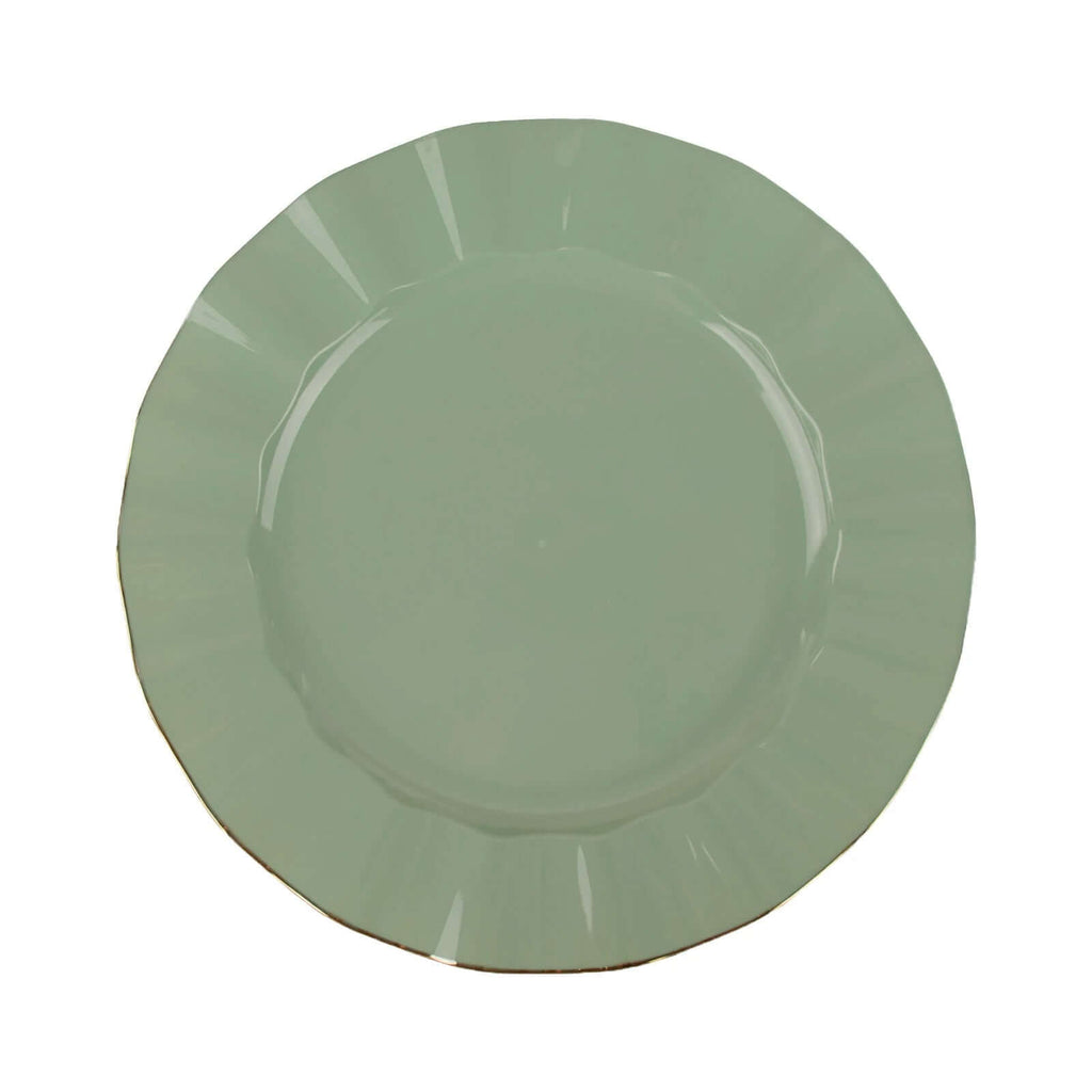 10-Pack Plastic 9" Round Dinner Plates in Dusty Sage Green Ruffled Rim with Gold Edging - Sturdy Disposable Dinnerware