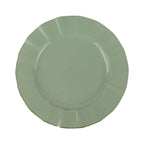 10-Pack Plastic 9" Round Dinner Plates in Dusty Sage Green Ruffled Rim with Gold Edging - Sturdy Disposable Dinnerware