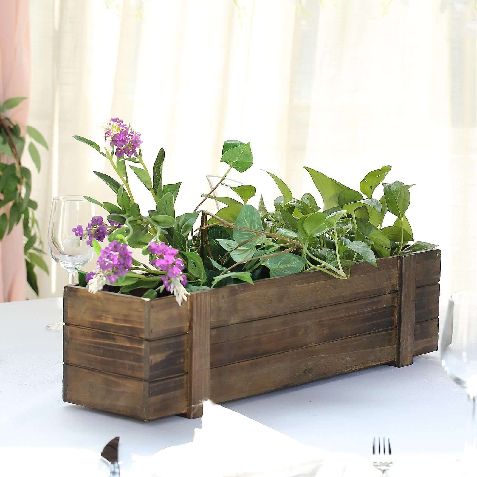 Rustic Wood Planter Box Smoked Brown - Durable Event Decor with Removable Plastic Liner 24"x6"