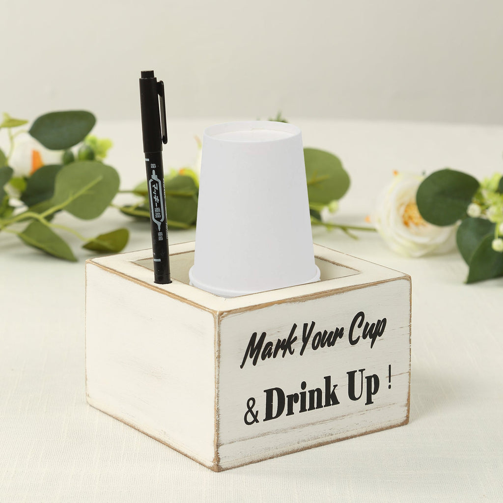 Rustic Wooden Solo Cup Holder Whitewashed with Black Marker - Farmhouse Party Dispenser Box 5.5" - Bell Racket Store