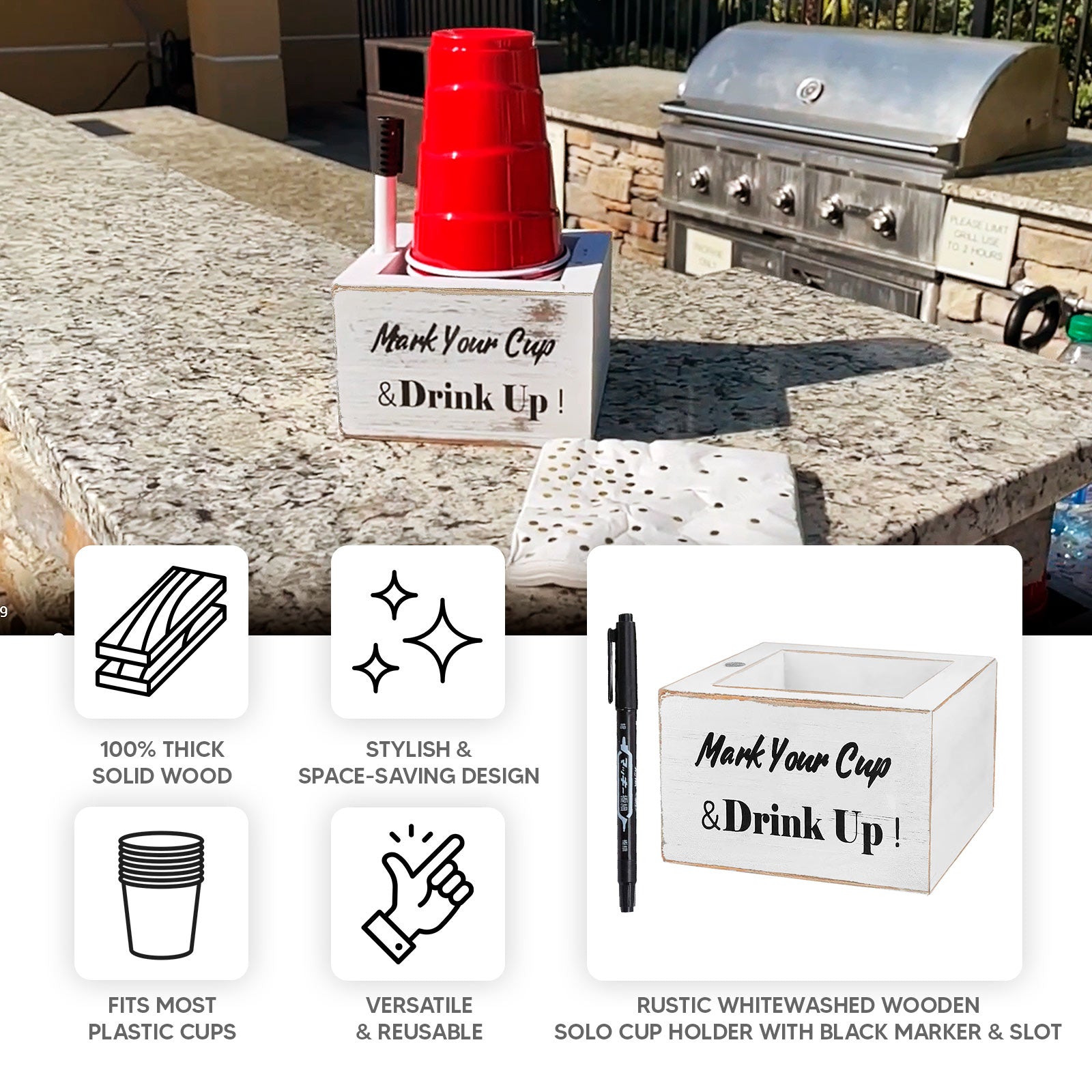 Rustic Wooden Solo Cup Holder Whitewashed with Black Marker - Farmhouse Party Dispenser Box 5.5" - Bell Racket Store