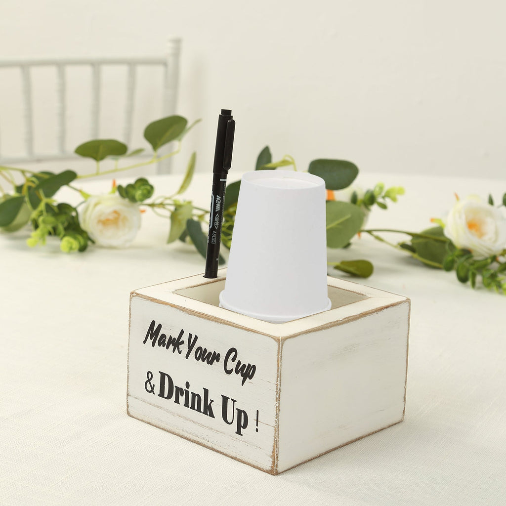 Rustic Wooden Solo Cup Holder Whitewashed with Black Marker - Farmhouse Party Dispenser Box 5.5" - Bell Racket Store