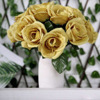 12" Gold Artificial Velvet-Like Fabric Rose Flower Bouquet Bush