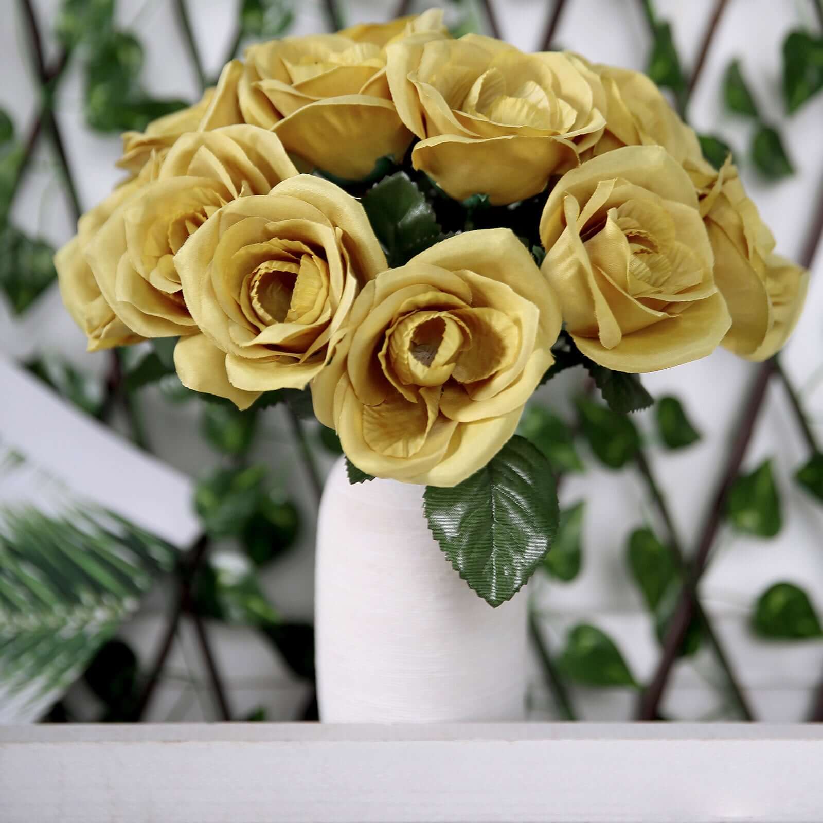 12" Gold Artificial Velvet-Like Fabric Rose Flower Bouquet Bush