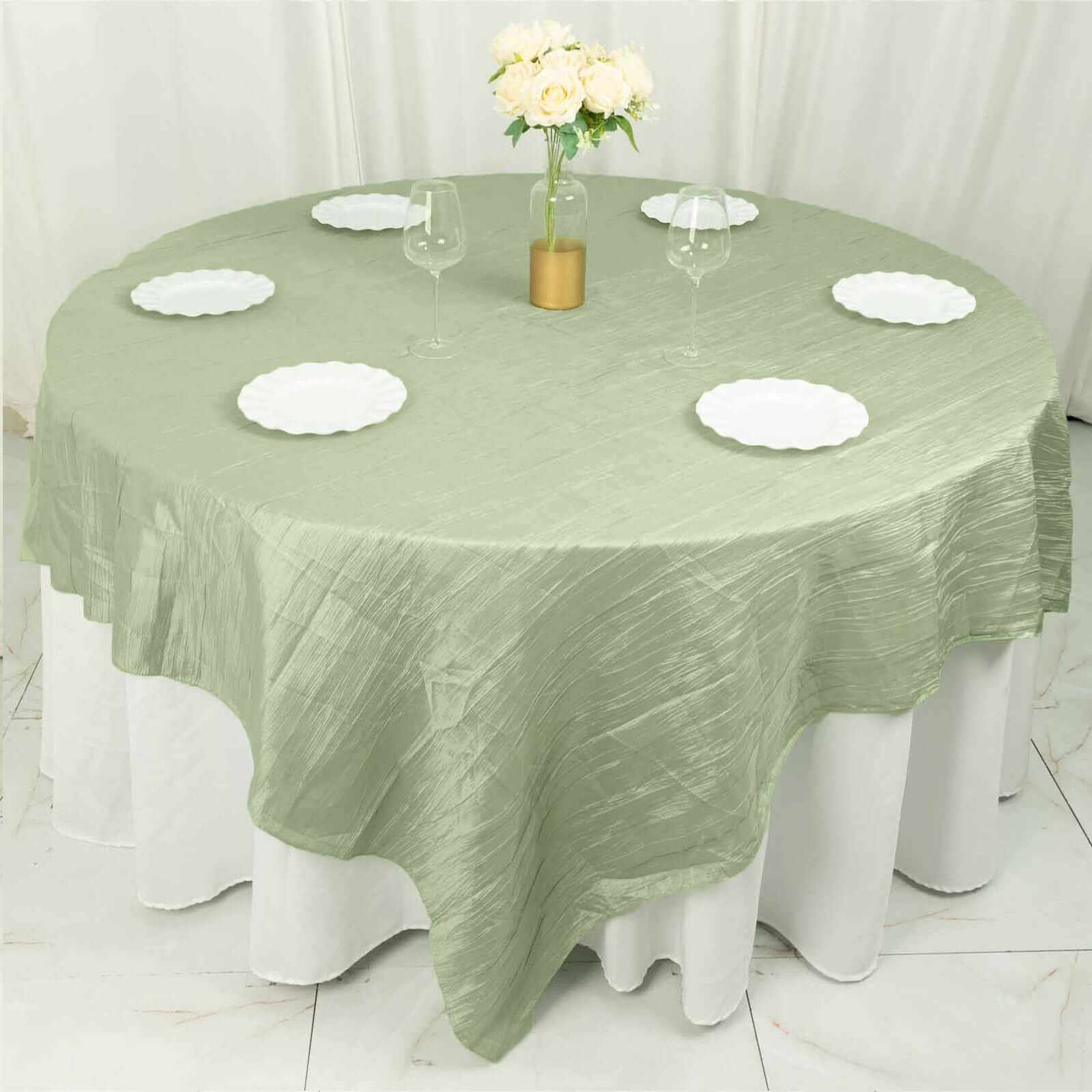 Taffeta 90"x90" Table Overlay Square Tablecloth Sage Green - Accordion Crinkle Table Cover