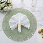 4-Pack Placemats Fringe Edge Design Sage Green Jute Round - Rustic Boho Chic Burlap Table Decor 16"
