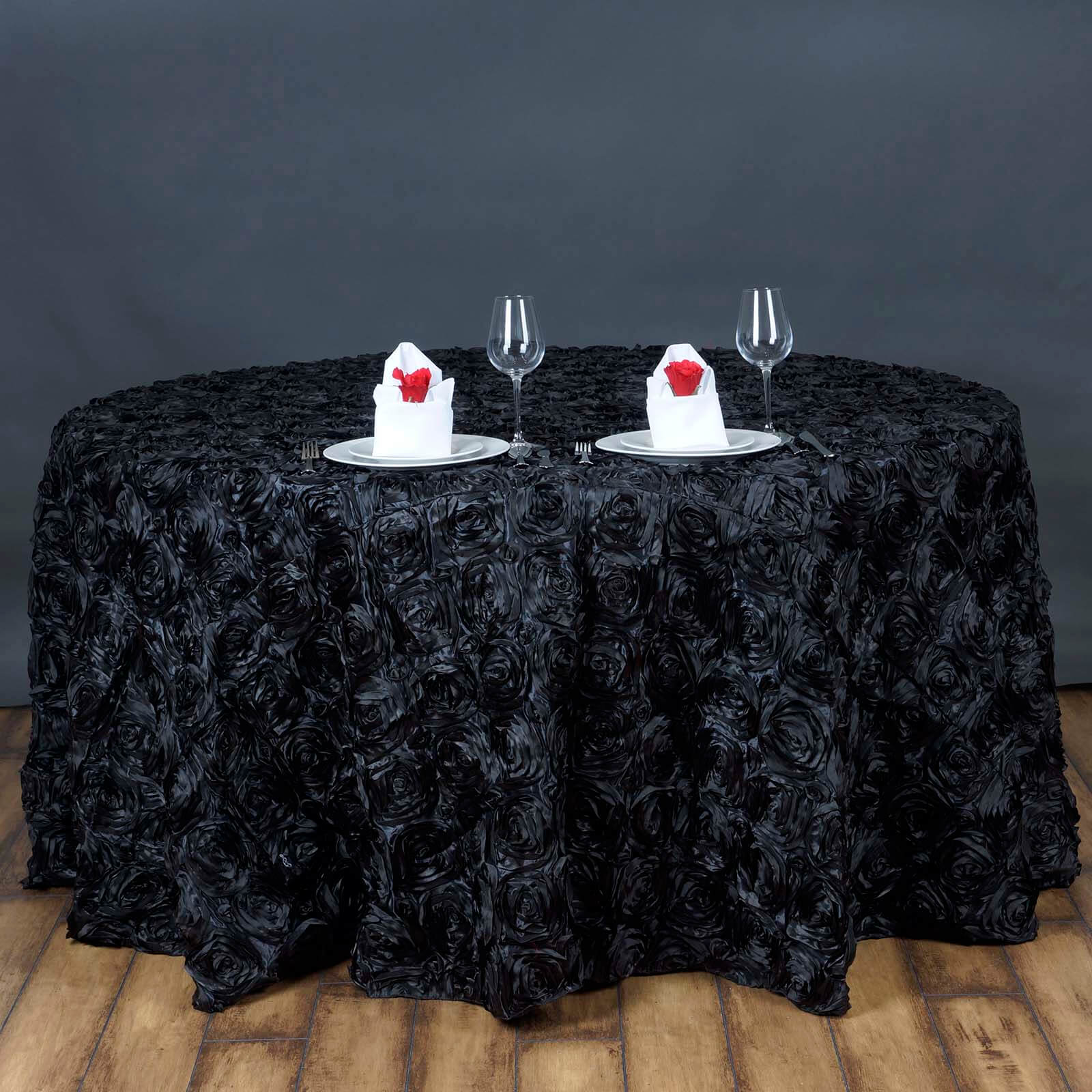 Satin 120" Round Tablecloth Black - Grandiose 3D Rosette with Seamless Finish Table Cover - NestOCart
