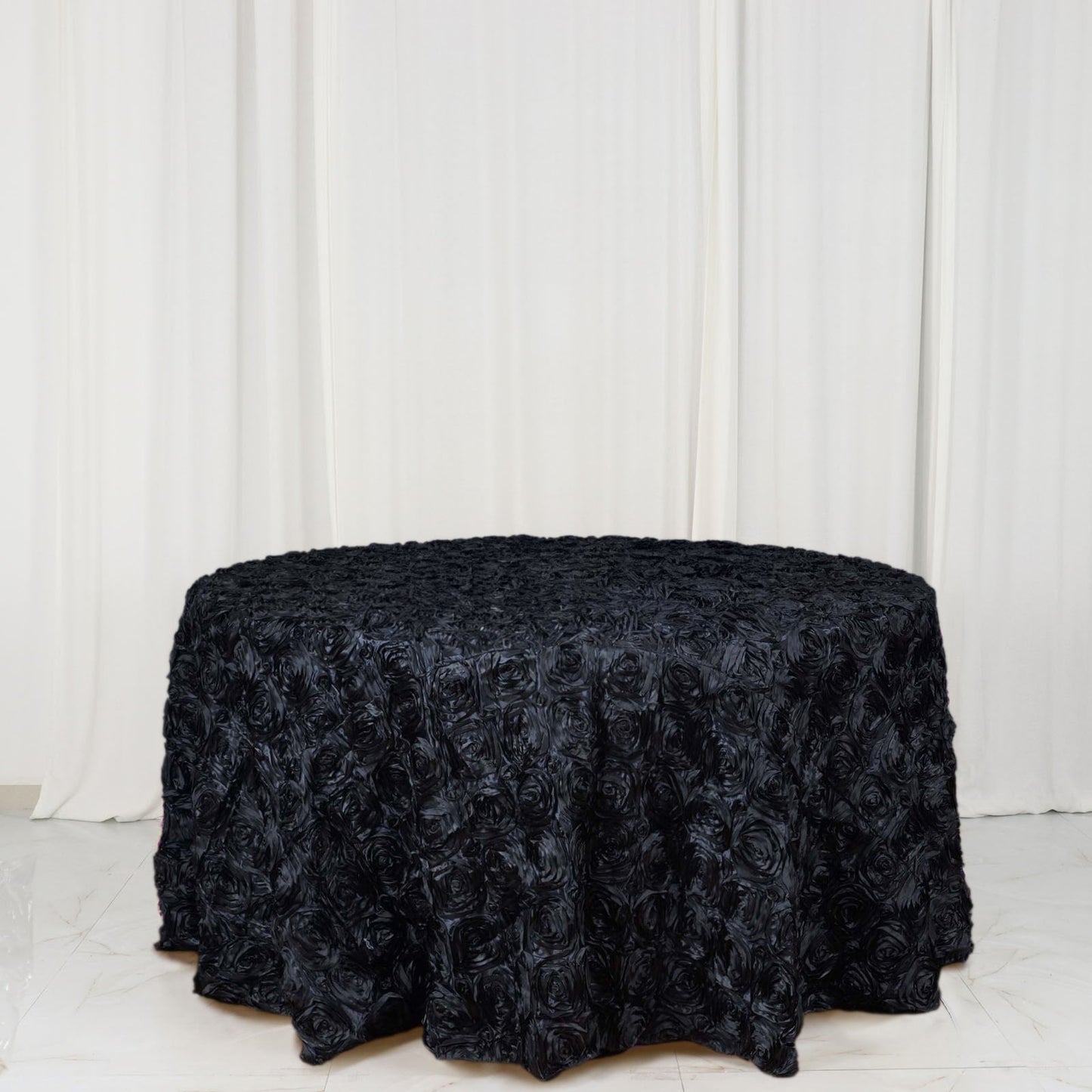 Satin 120" Round Tablecloth Black - Grandiose 3D Rosette with Seamless Finish Table Cover - NestOCart