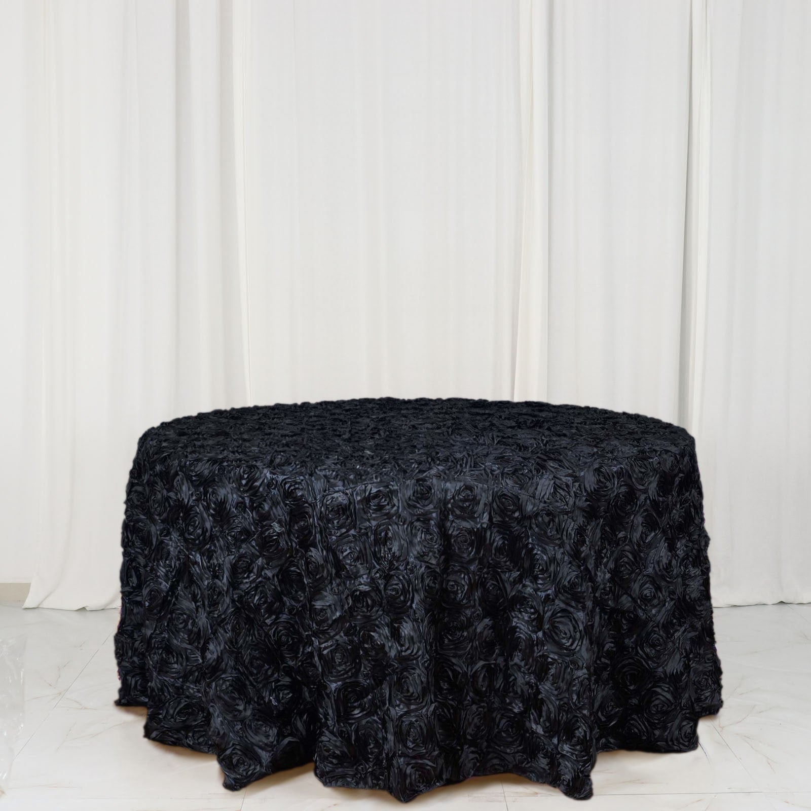 Satin 120" Round Tablecloth Black - Grandiose 3D Rosette with Seamless Finish Table Cover - NestOCart