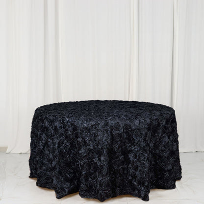 Satin 120" Round Tablecloth Black - Grandiose 3D Rosette with Seamless Finish Table Cover - NestOCart