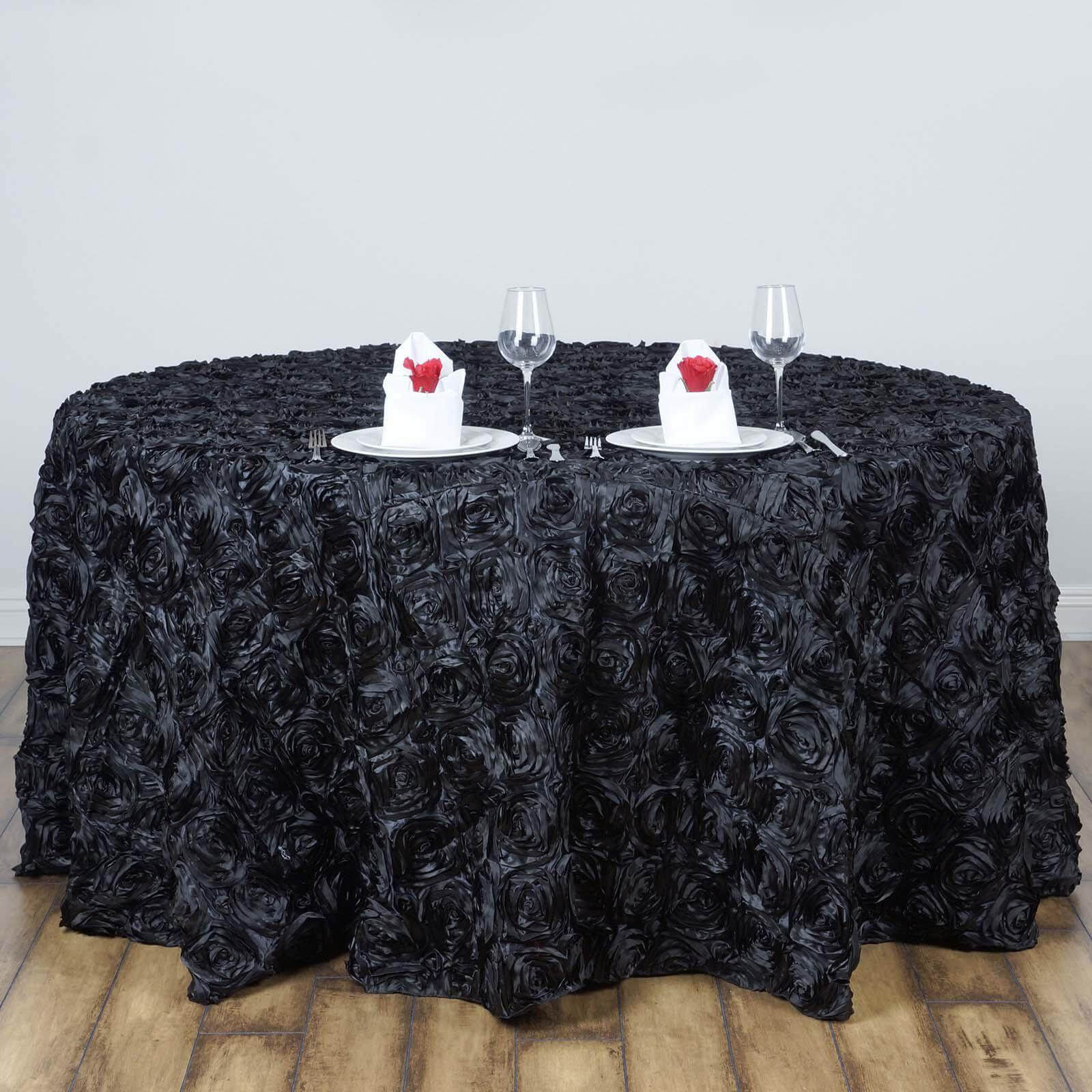 Satin 120" Round Tablecloth Black - Grandiose 3D Rosette with Seamless Finish Table Cover - NestOCart