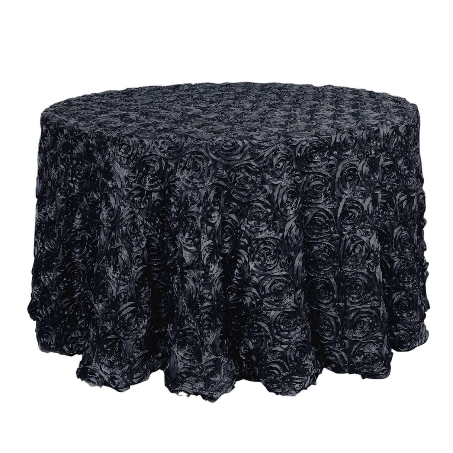 Satin 120" Round Tablecloth Black - Grandiose 3D Rosette with Seamless Finish Table Cover - NestOCart