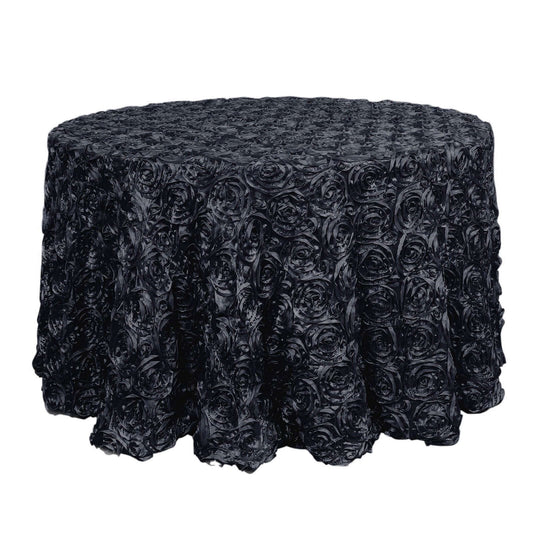 Satin 120" Round Tablecloth Black - Grandiose 3D Rosette with Seamless Finish Table Cover - NestOCart