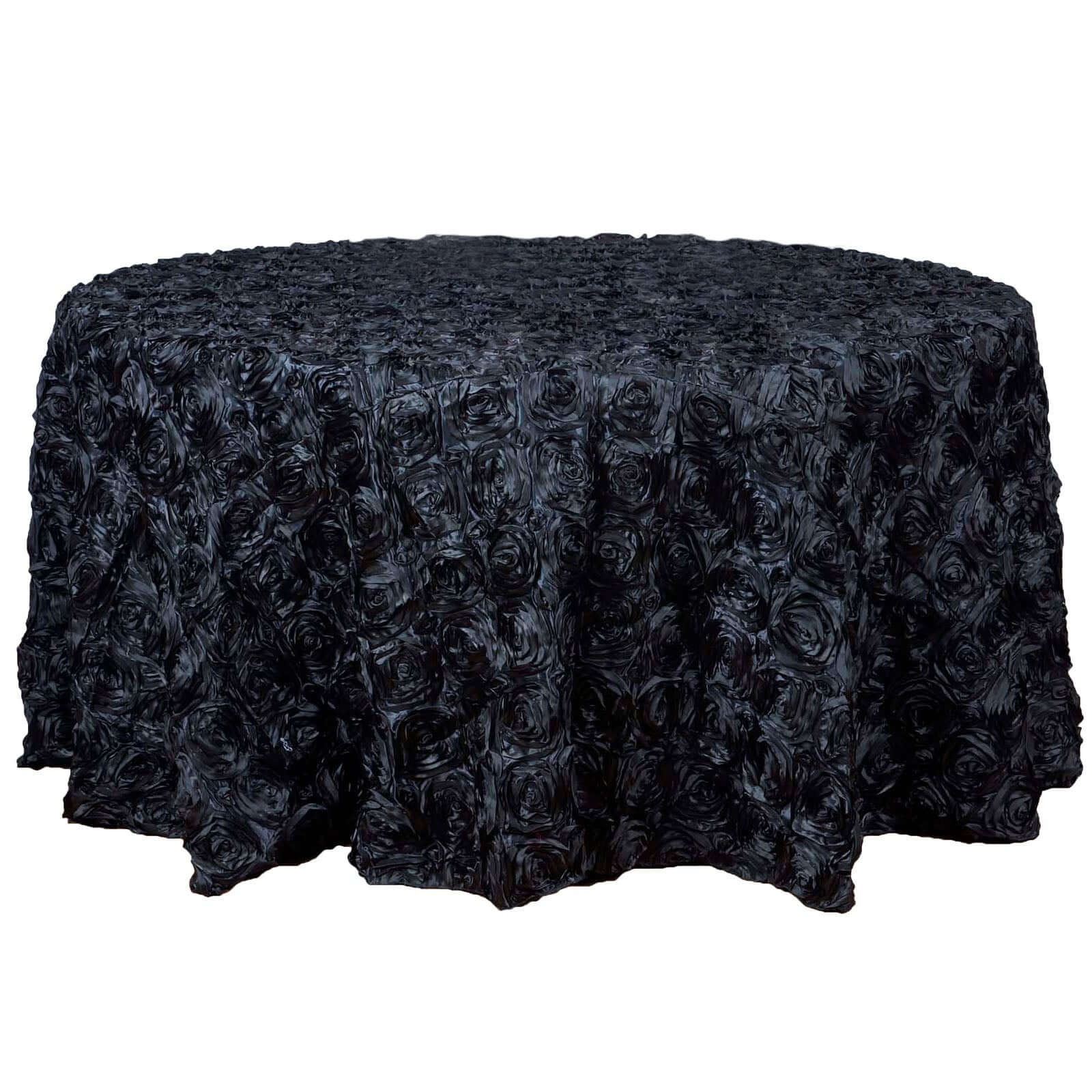 Satin 120" Round Tablecloth Black - Grandiose 3D Rosette with Seamless Finish Table Cover - NestOCart
