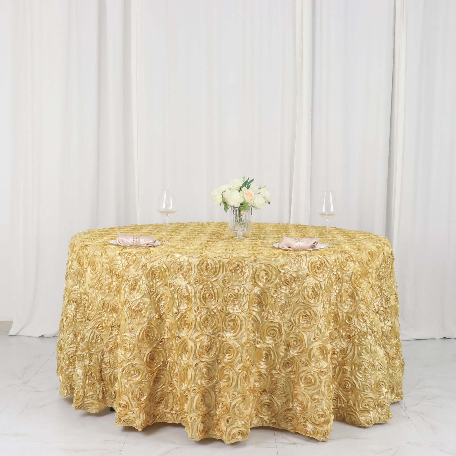 Satin 120" Round Tablecloth Champagne - Grandiose 3D Rosette with Seamless Finish Table Cover - NestOCart