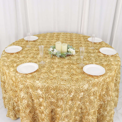 Satin 120" Round Tablecloth Champagne - Grandiose 3D Rosette with Seamless Finish Table Cover - NestOCart