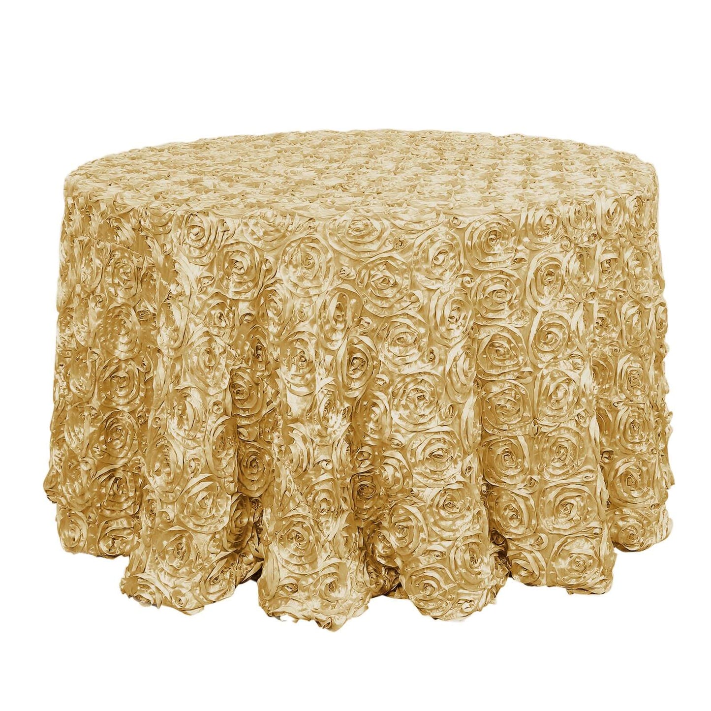 Satin 120" Round Tablecloth Champagne - Grandiose 3D Rosette with Seamless Finish Table Cover - NestOCart
