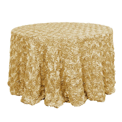 Satin 120" Round Tablecloth Champagne - Grandiose 3D Rosette with Seamless Finish Table Cover - NestOCart
