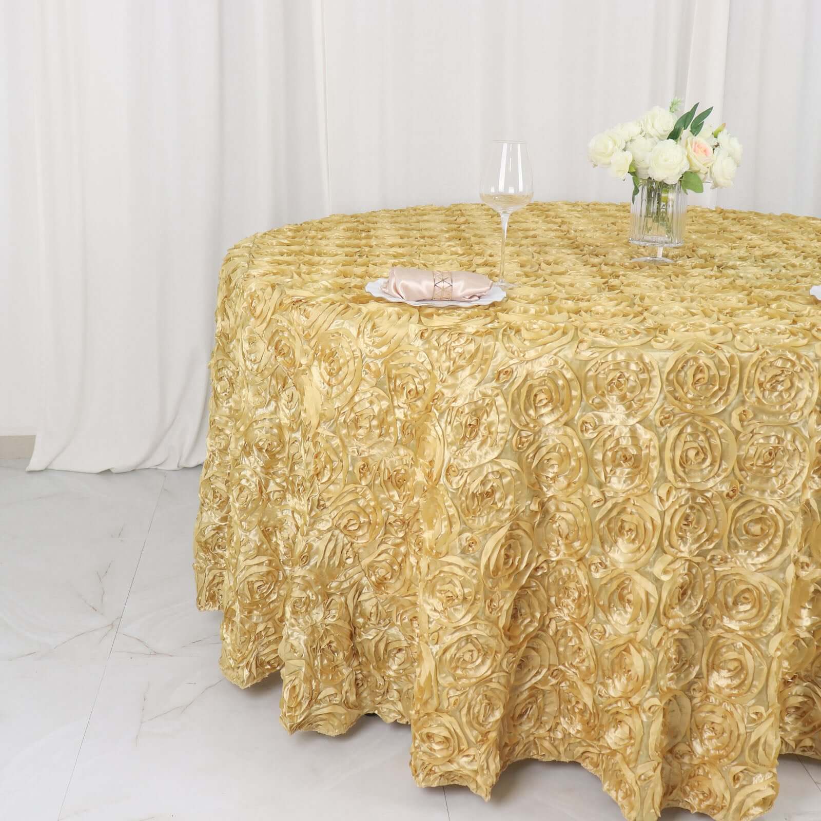 Satin 120" Round Tablecloth Champagne - Grandiose 3D Rosette with Seamless Finish Table Cover - NestOCart