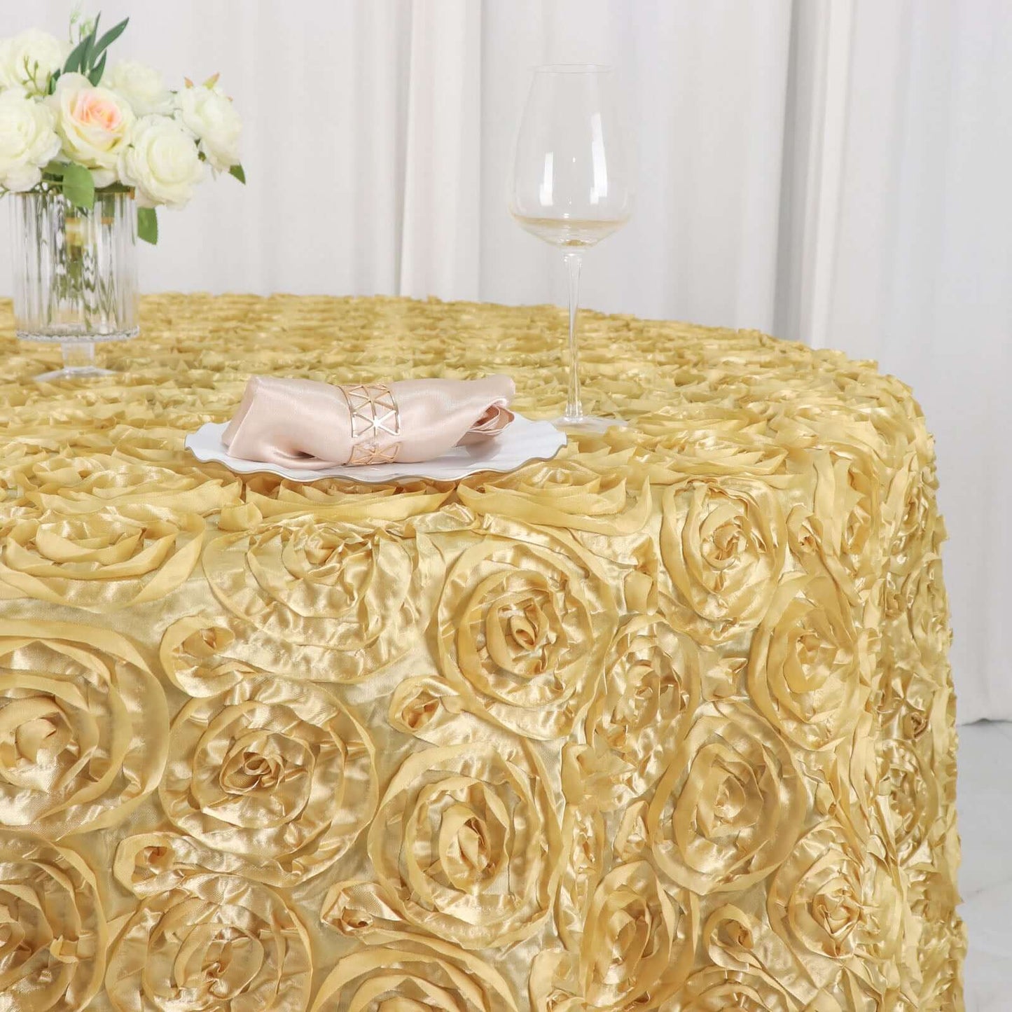 Satin 120" Round Tablecloth Champagne - Grandiose 3D Rosette with Seamless Finish Table Cover - NestOCart