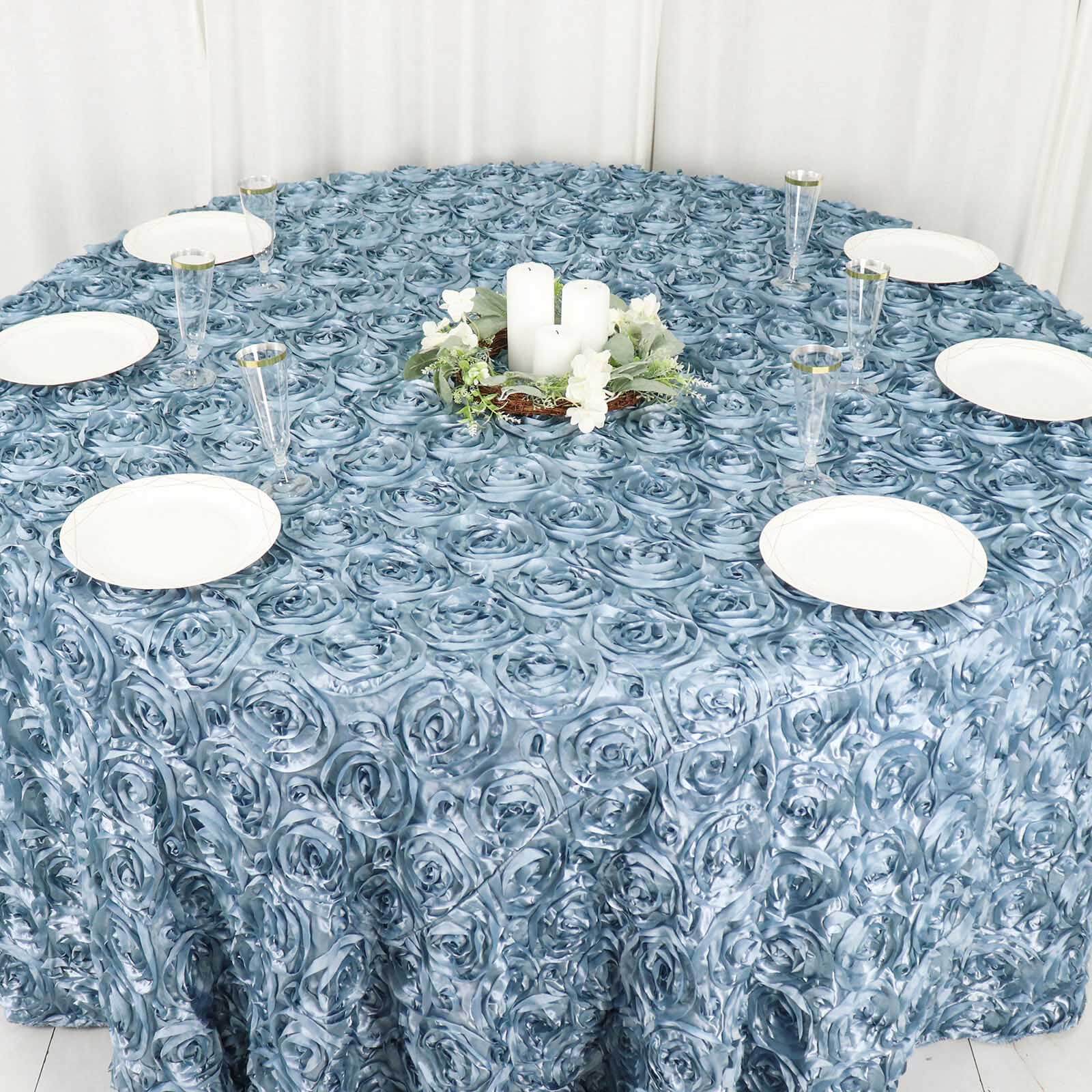 Satin 120" Round Tablecloth Dusty Blue - Grandiose 3D Rosette with Seamless Finish Table Cover - Bell Racket Store