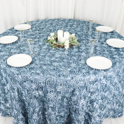 Satin 120" Round Tablecloth Dusty Blue - Grandiose 3D Rosette with Seamless Finish Table Cover - Bell Racket Store