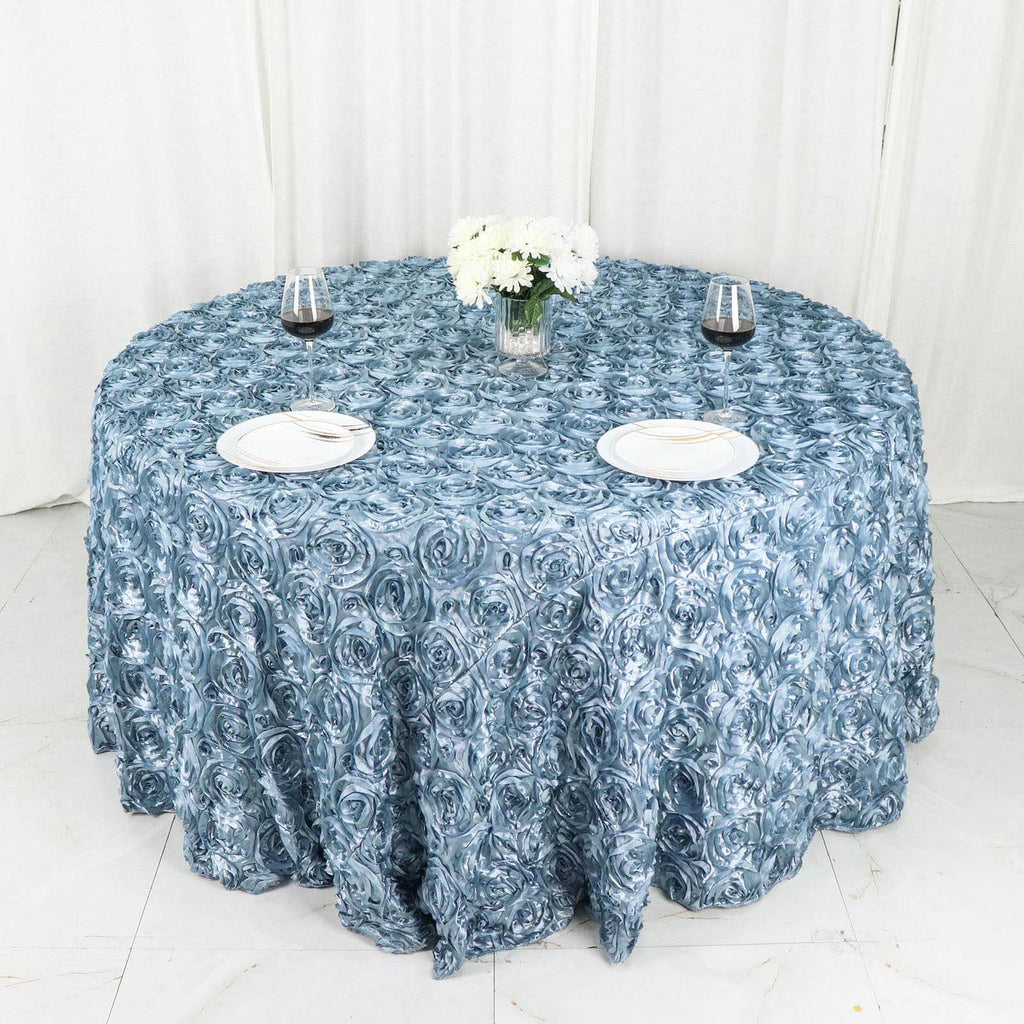 Satin 120" Round Tablecloth Dusty Blue - Grandiose 3D Rosette with Seamless Finish Table Cover - Bell Racket Store