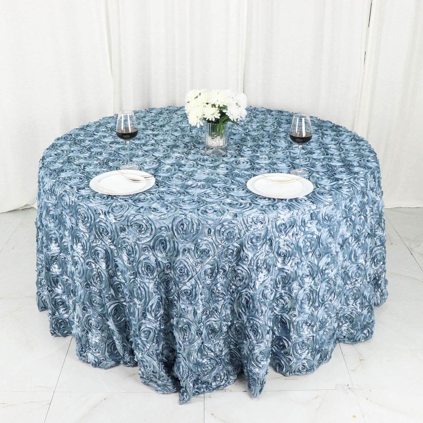 Satin 120" Round Tablecloth Dusty Blue - Grandiose 3D Rosette with Seamless Finish Table Cover - Bell Racket Store