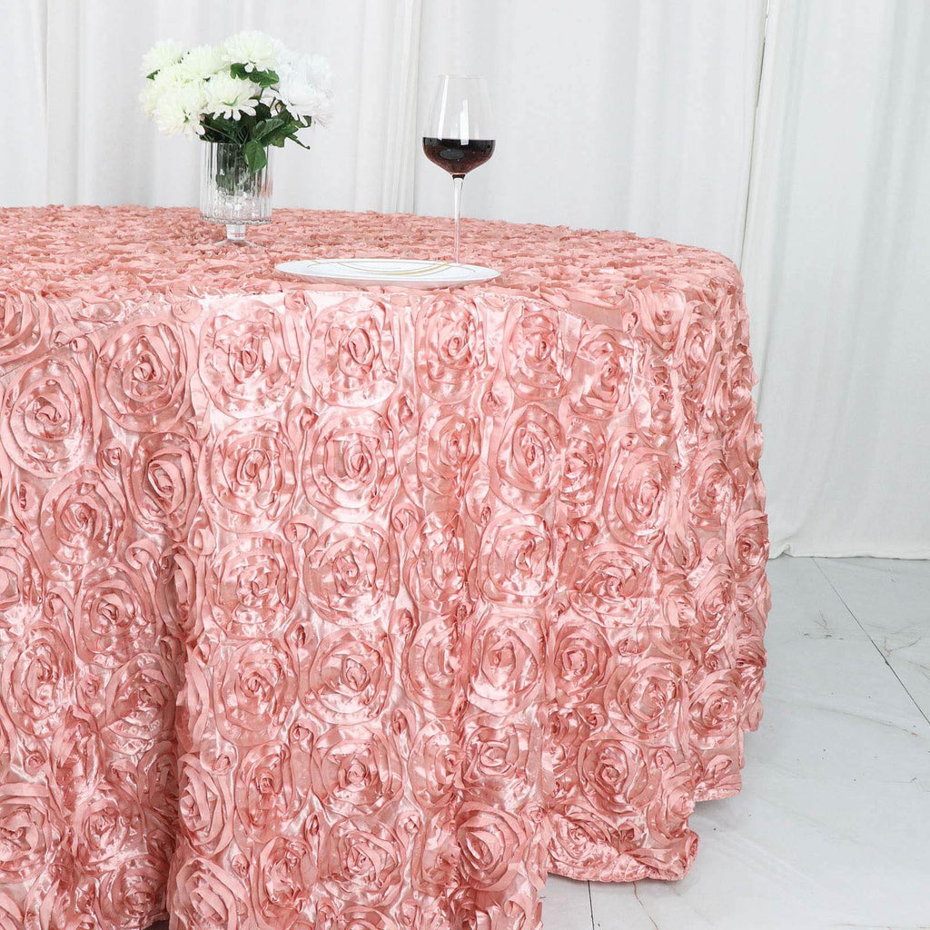 Satin 120" Round Tablecloth Dusty Rose - Grandiose 3D Rosette with Seamless Finish Table Cover - Bell Racket Store