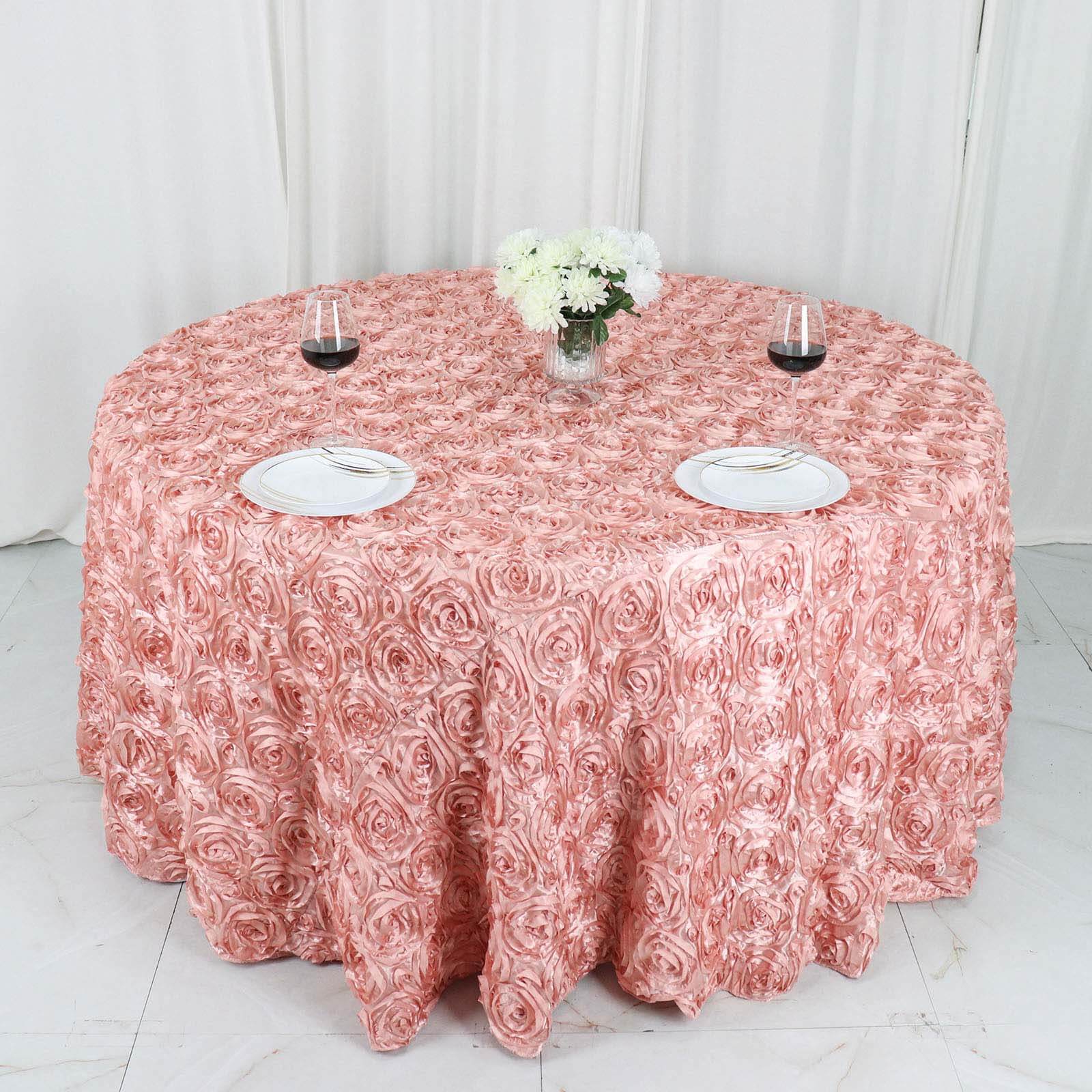 Satin 120" Round Tablecloth Dusty Rose - Grandiose 3D Rosette with Seamless Finish Table Cover - Bell Racket Store
