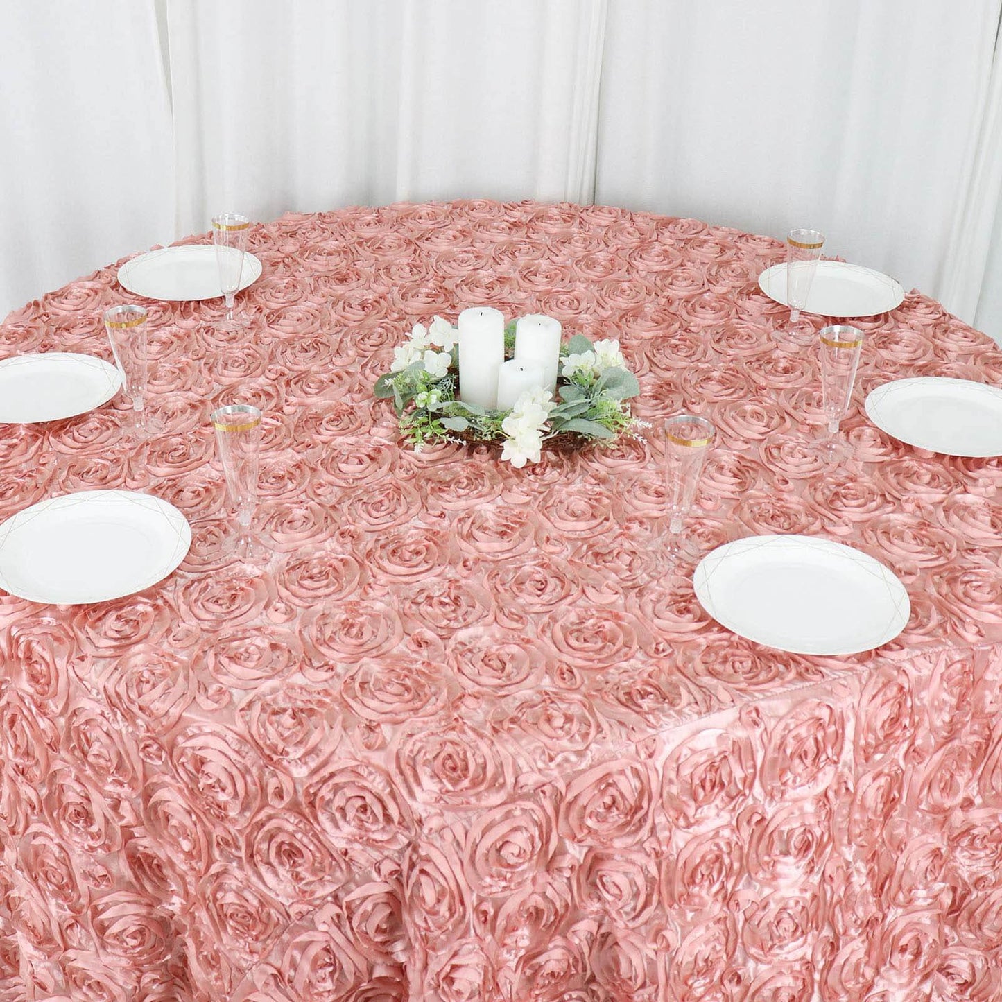 Satin 120" Round Tablecloth Dusty Rose - Grandiose 3D Rosette with Seamless Finish Table Cover - Bell Racket Store