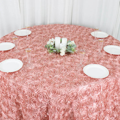 Satin 120" Round Tablecloth Dusty Rose - Grandiose 3D Rosette with Seamless Finish Table Cover - Bell Racket Store