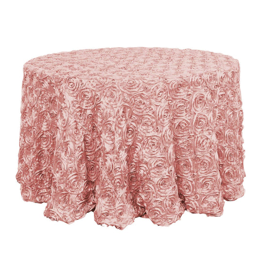 Satin 120" Round Tablecloth Dusty Rose - Grandiose 3D Rosette with Seamless Finish Table Cover - Bell Racket Store