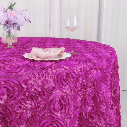 Satin 120" Round Tablecloth Fuchsia - Grandiose 3D Rosette with Seamless Finish Table Cover - NestOCart