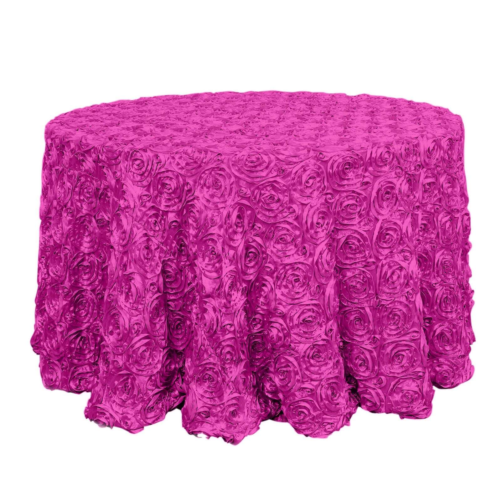 Satin 120" Round Tablecloth Fuchsia - Grandiose 3D Rosette with Seamless Finish Table Cover - NestOCart