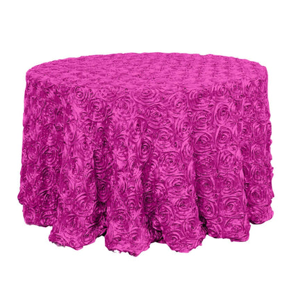 Satin 120" Round Tablecloth Fuchsia - Grandiose 3D Rosette with Seamless Finish Table Cover - NestOCart